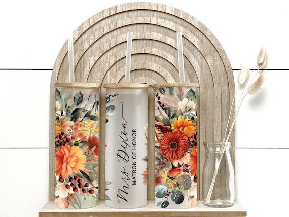 Custom Wildflower Glass Tumbler, Bridesmaid Proposal Gift, Birthday, Bridal Attendant, Bachelorette, Terracotta Burnt Orange Green H67