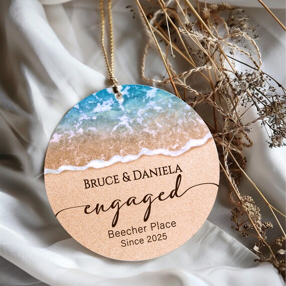 Personalized Engagement Ornament, First Christmas Engaged Gift, Beach Wedding Announcement Keepsake, Newlywed Couple Favor T271