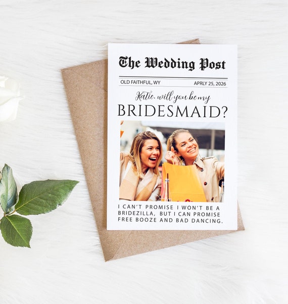 Printed Newspaper Photo Card Envelope, Will You Be My Bridesmaid, Maid of Honor Proposal, Personalized Gift Box Idea, Funny Wedding Favor
