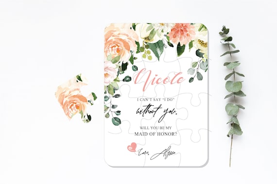 Bridesmaid Proposal Puzzle Card, Will You Be My Flower Girl Maid of Honor, Bridal Party Gift Box Idea, Peach Blush Pink Ivory Wedding Z018