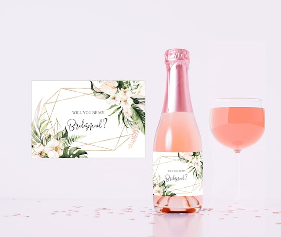 Tropical Blush Mini Wine Label, Will you be my bridesmaid champagne label, Bridesmaid Maid of Honor, Wedding, Proposal Gift Box Idea S048