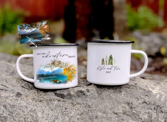 Custom Camping Mug- Watercolor Wedding Venue Portrait Cup, Personalized Engagement Gift, Honeymoon Keepsake, Guest Favor, Family Trip H31