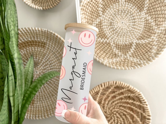 Bachelorette, Bridal Party, Bridesmaid Proposal, Baby Shower Gift, Frosted Glass Tumbler, Iced Coffee Mug, Personalized Smile Face Cup H09