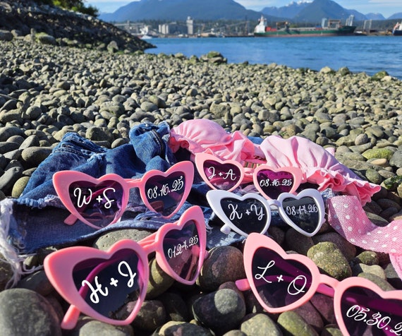 Personalized Wedding Heart Sunglasses - Bachelorette, Bridesmaid Gift, Girl's Trip, Beach Hen Party Favor for Video & Photo Memories