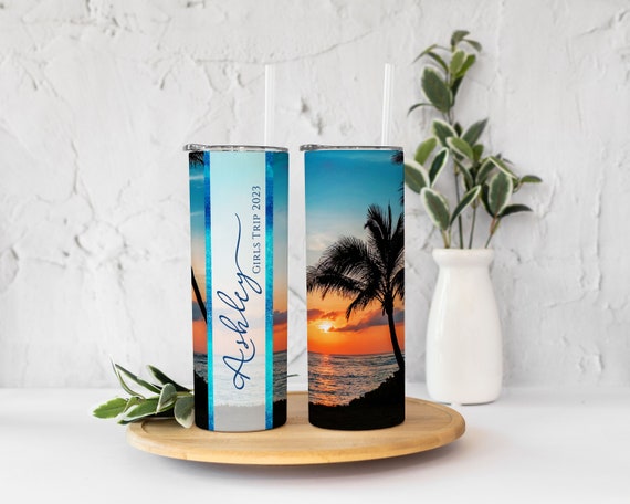 Tumbler with Name & Personalized Text, Girls trip, Cruise, Bachelorette Trips, Family Adventures, Palm Tree Sunset Beach Vacation T232