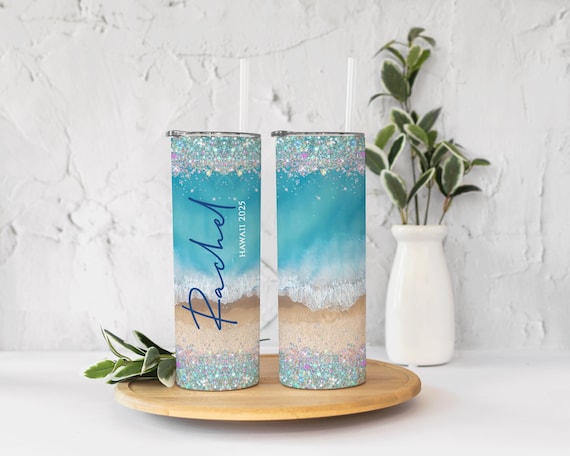 Personalized Beach Vacation Tumbler, Name & Custom Text, Girls Trip Bachelorette Party, Wedding Engagement Couple Anniversary Gift T207