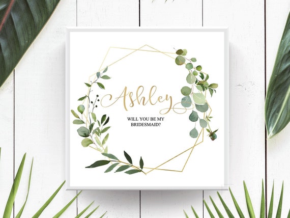 Personalized Bridesmaid Box, Will You Be My Maid of Honor Proposal Gift, Bridal Party Friend Mom, Green Faux Gold Wedding Favor Box B014