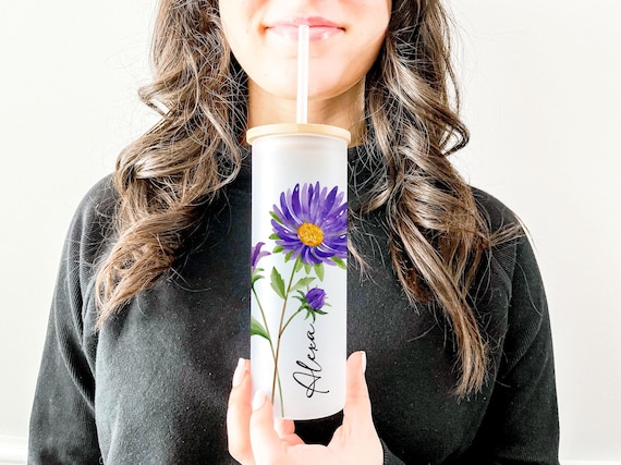 Personalized Birth Flower Tumbler with Name – Bridesmaid Proposal Gift, Custom Floral Glass Cup, Wedding Party Favor, Iced Coffee Cup H80