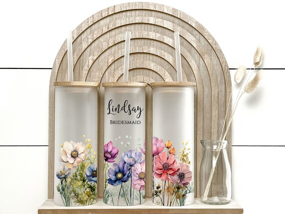 Wild Floral Frosted Glass Tumbler, Bridesmaid Mom Wedding Bridal Shower Bachelorette Bride Gift, Anniversary Present, Iced Coffee Cup H35