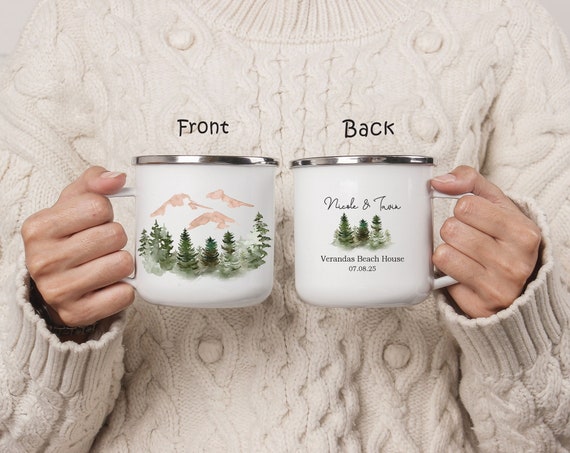 Personalized Wedding Guest Gift, Mountain Forest Camping Mug, Engagement Anniversary Bridal Shower Gift, Custom Couple Camping Mug H071