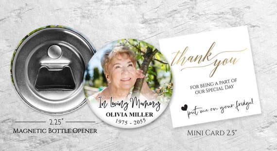 Personalized Memorial Button, Refrigerator Magnet Opener, Custom Text Photo Pin, Sympathy Funeral Remembrance Gift E15