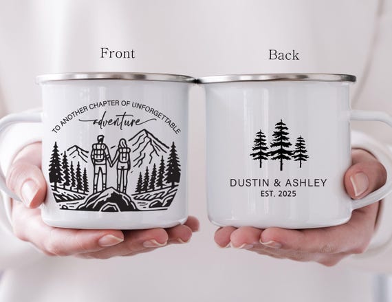 Personalized Engaged Mug, Mountain Camping Mug, Couple Engagement Elopement, Wedding favors for guest, Outdoor Enamel Camping Gift H165