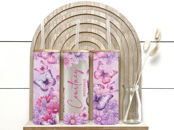 Butterfly Pink Floral Glass Tumbler, Bridesmaid Proposal Gift, Birthday, Bridal Party, Bachelorette, Mother of the Bride H68