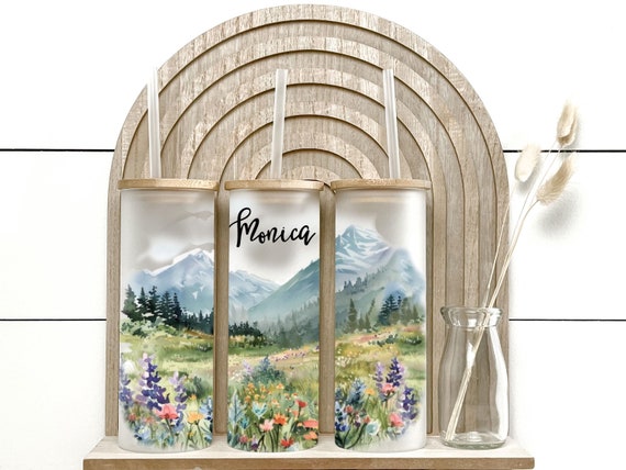 Rustic Mountain Meadow Wildflowers Gift, Frosted Glass Tumbler, Birthday, Bridesmaid Proposal Gift, Wedding Favor, Bridal Shower H50