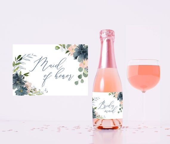 Mini Champagne Bottle Label, Will you be my Bridesmaid Maid of Honor matron of Honor, Bachelorette Party, Dusty Blue Proposal Gift S072