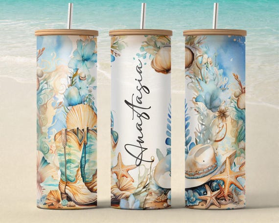 Custom Coastal Cowgirl Glass Tumbler, Personalized Iced Coffee Mug, Bachelorette Party, Beachy Bridal Shower, Bridesmaid Proposal Gift H64
