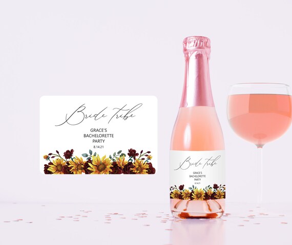 Bride tribe Bachelorette party Mini Wine Label, Bridesmaid proposal, Maid of Honor, Matron of Honor, Sunflower wedding Champagne Label S014