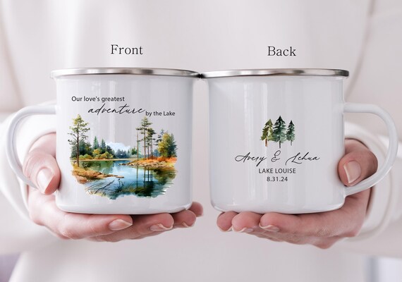 Lake Wedding Shower Favor, Personalized Couple Gift, Engaged Camping Mug, Adventure Anniversary Elopement, Outdoor Enamel Cup H162
