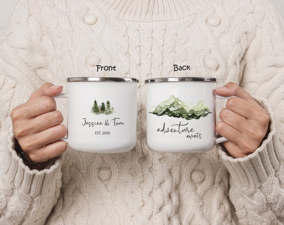 Personalized Wedding Guest Gift Mug, Engagement Anniversary, Mountain Camping Mug, Enamel Cup, Adventure awaits H085