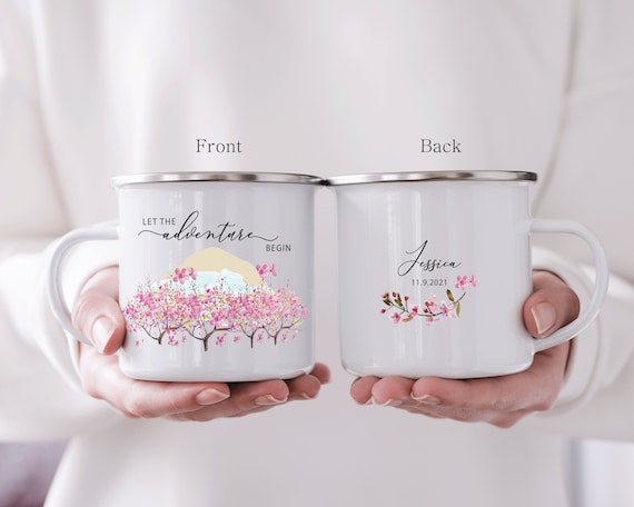 Cherry blossoms Camping Mug, Destination Mountain Wedding Favor, Travel Bridal Shower, Bachelorette Party, Spring Bride tribe H115