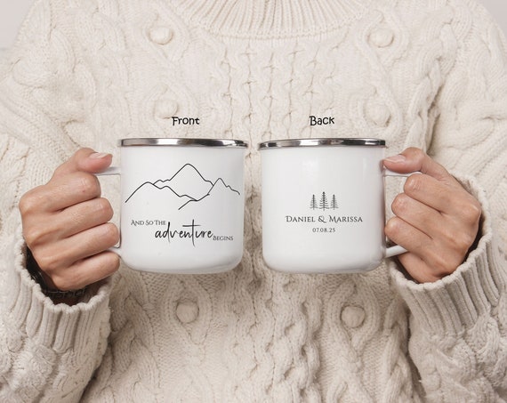 Personalized Wedding Gift, Hen Party Engagement Tin Anniversary Bridal Shower Gift, Newlywed Couple Camping Mug, Mountain Outdoors Gift H110