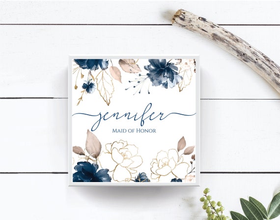Personalized Bridesmaid Box with Name, Bachelorette Wedding Bridal Shower Party, Maid of Honor proposal Gift, Navy Blue Empty Box B227