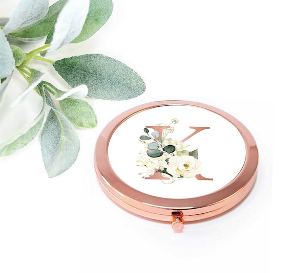 Personalized Rose gold White Floral Compact Mirror, Bridesmaid Gift, Maid of Honor Bridal Party Proposal, Mom Birthday, Pocket Mirror M163