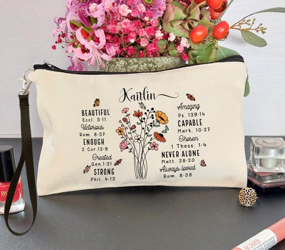 Bible Verse Inspiration Makeup Bag, Wild Flower Cosmetic Bag, Christian Gift for Women, Bible Study Friend Mom Bridesmaid Bachelorette P308