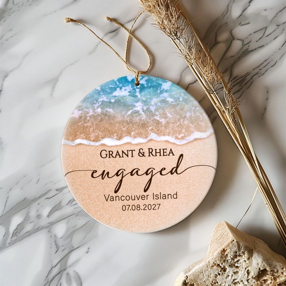 Personalized Engagement Ornament, First Christmas Engaged Gift, Beach Wedding Announcement Keepsake, Newlywed Couple Favor T271