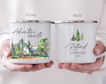 Retirement Camping Mug, Adventure Awaits,  Person Retiring Gift