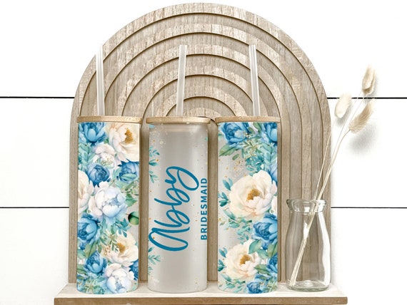 Blue Peony Gold Frosted Glass Tumbler, Bachelorette, Birthday, Best Friend, Bridesmaid Proposal Gift, Wedding Favor, Bridal Shower H43
