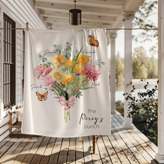 Personalized Sherpa Blanket, Custom Family Bouquet, Birth Month Flower Throw, Garden Gift for Mom Grandma Nana Mimi, Birthday Keepsake K01