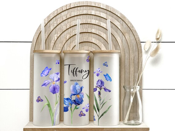 Blue & Purple Iris Glass Tumbler, Bachelorette, Birthday, Best Friend, Bridesmaid Proposal Gift, Wedding Favor, Bridal Shower H47