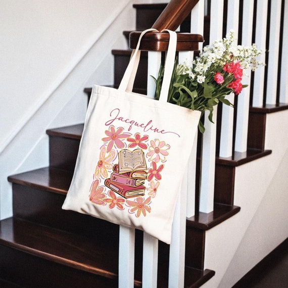 Custom Book Lover Gift, Floral Book Bag, Book Carrying Bag, Bookish Shoulder Tote, Bible Study Keepsake, Church Sunday School T08