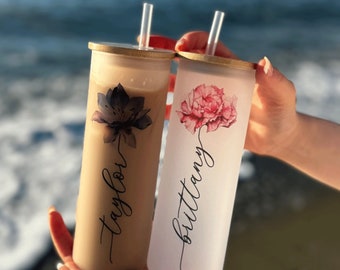 Personalized Bridesmaid Tumbler – Frosted Iced Coffee Cup with Birth Month Flower