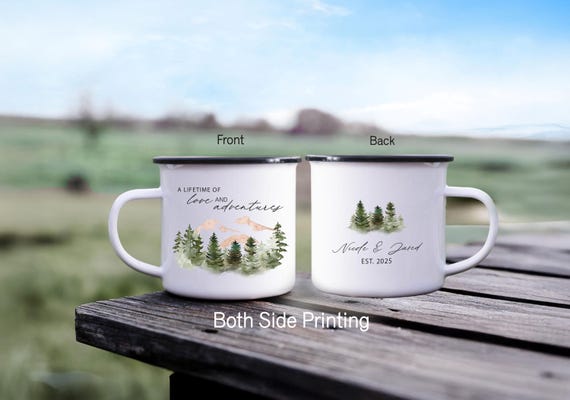Personalized Mountain Camping Mug, Couple Adventure Coffee Cup, Engagement Announcement Anniversary Gift, Wedding Guest Keepsake Favor H113