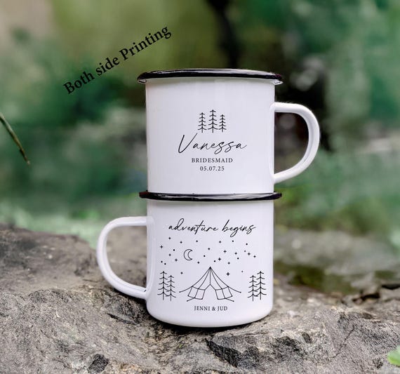 Bridesmaid Proposal Camping Mug – Bride Tribe Gift, Adventure Begin Cup, Personalized Starry Night Enamel Mug, Outdoor Wedding Favor H30