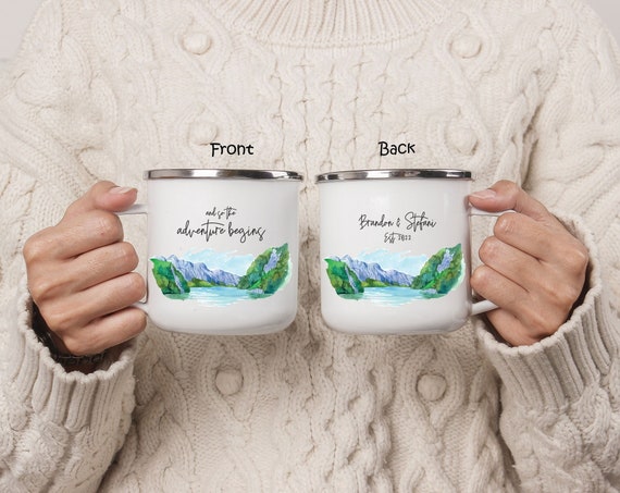 Mountain Lake Wedding Gift Mug, Personalized Engagement Anniversary, Wedding Guest Gift, Unique Custom Favor keepsake, Camping Cup H059