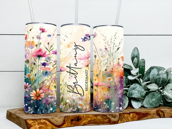 Wildflower Tumbler with Name, Bride Tribe, Bridesmaid Maid of Honor Proposal Gift, Field flowers Cup,  Gift For Her T242