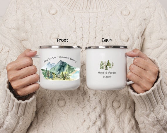 Personalized Mountain Lake Wedding Mug, Engagement Anniversary Bridesmaid Proposal, Funny Couple Camping Mug, Wedding Guest Gift Ideas H052