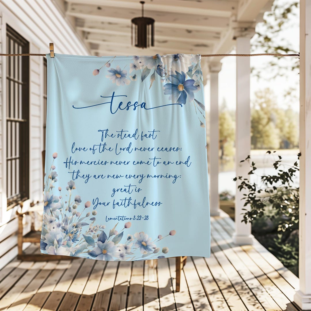Dusty Rose Quad Scriptures Dusty Blue Floral Scripture Blanket, Lamentations 3:22-23 Throw ...