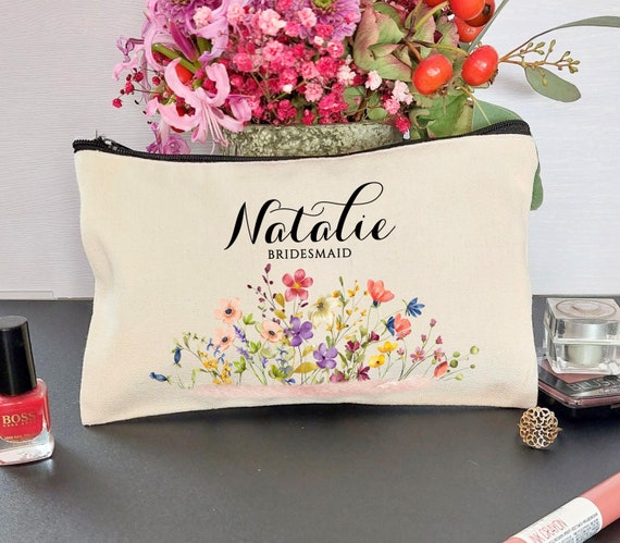 Wildflower Makeup Bag, Bridesmaid Gift, Bridal Squad, Graduation Mom Birthday Bachelorette Party, Personalized Cosmetic Pouch P303