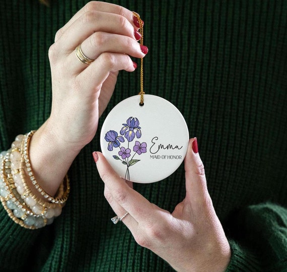 Birth Flower Ornament, Personalized Name & Wedding role, Bridesmaid Gift, Graduation Birthday Bachelorette Party, Christmas Gift T270