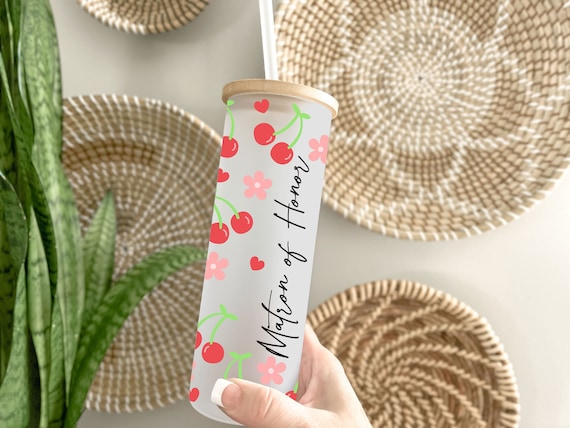 Baby Shower Gift, Bachelorette, Bridal Party, Bridesmaid Proposal, Frosted Glass, Iced Coffee Cup, Summer Cherry & Daisy Tumbler H10