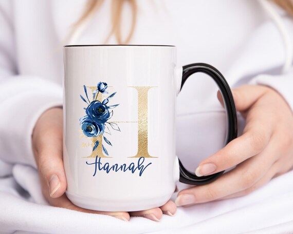 Blue Floral Mug with Gold Initial, Personalized Coffee Cup, Custom Bridesmaid Gift, Birthday Boss Colleagues Teacher, Bridal Shower G509