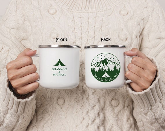 Mountain Forest Wedding Favor Gift, Personalized Engagement Anniversary Bride tribe , Wedding Guest Gift, Hunter green Camping Mug Cup H102