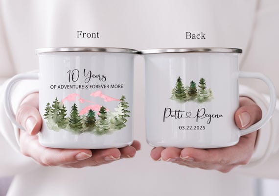 Wedding Anniversary Camping Mug by Year, Personalized Engaged Gift, Couple Engagement Elopement, Outdoor Enamel Camping Cup H161