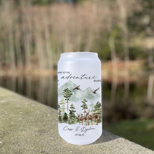 Personalized Frosted Beer Can Glass: Mountain Wedding Favor, 18oz