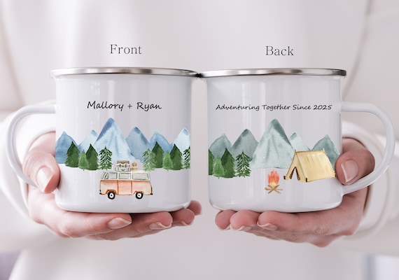 Personalized Campfire Mug, Engagement Anniversary, Bridal Shower Gift, Bride tribe, Couple Camping Mug, Mountain Adventure Wedding Mug H116