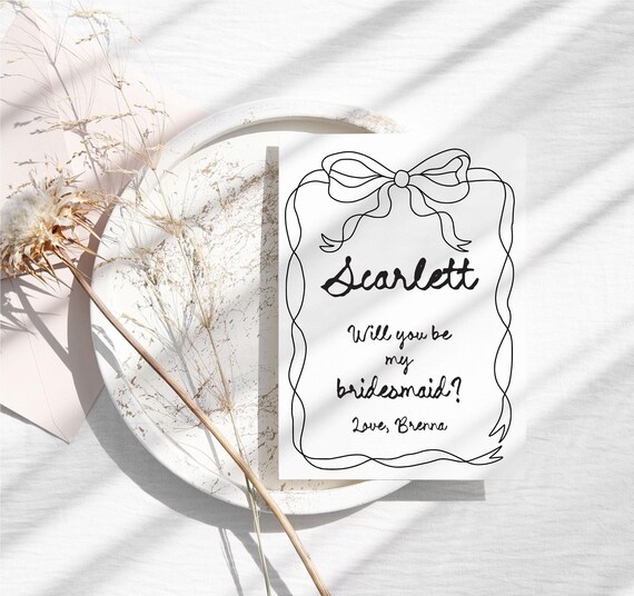 Hand Drawn Bridesmaid Proposal Card with Envelope, Will You Be My Maid of Honor, Funny Wedding Ask Card, Vintage Ribbon Border P234